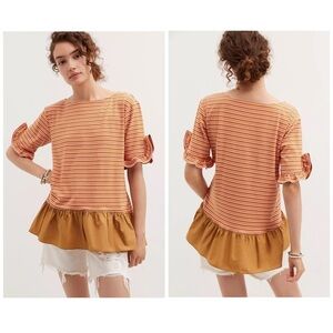ANTHRO MAEVE Ruffled Peplum Stripe Short Sleeve Top NWT L